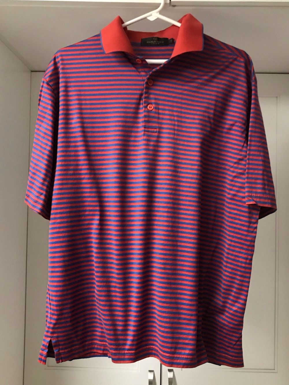 Bugatchi Red and Blue Striped Polo with Contrast Knit Collar M
